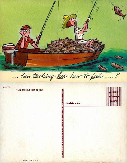 Cartoon couple fishing, boat full of fish