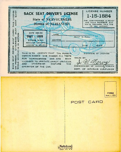 Humorous Back Seat Driver's License