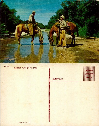 Cowboys and Horses Drinking in Stream