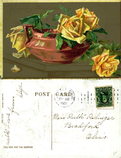 Yellow Roses in Vase with Christmas Greeting