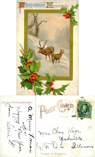 Deer in Winter Landscape with Holly