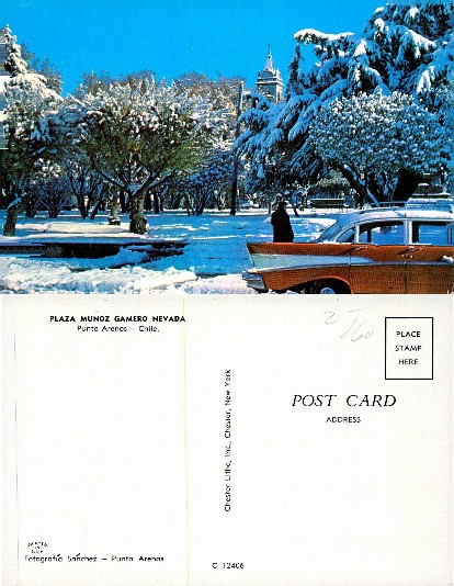 Snowy Park with Church and Vintage Car