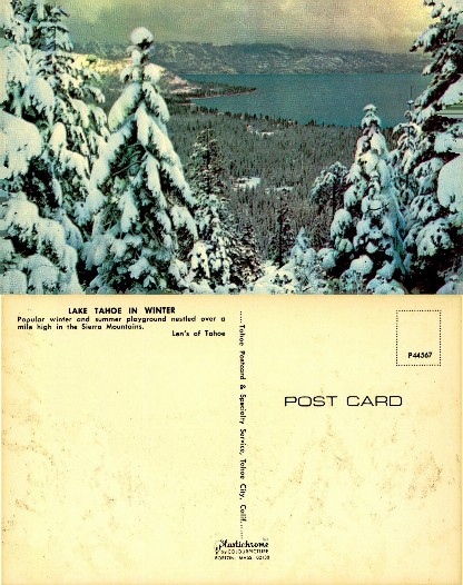 Snow-covered forest, lake, mountains