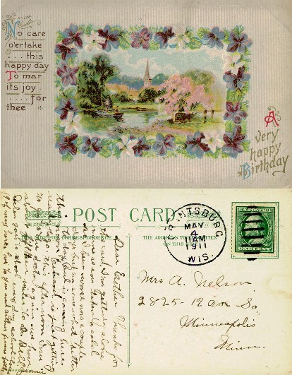 Church & Boats on River, Floral Border