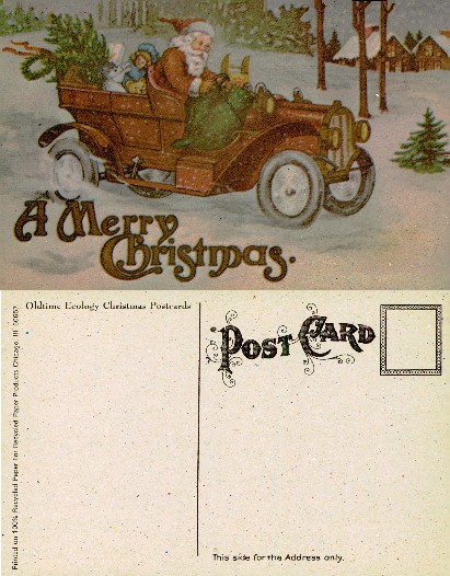 Santa Claus driving an old car with gifts