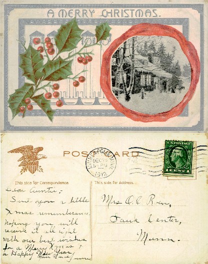 Christmas Holly and Winter Scene Postcard
