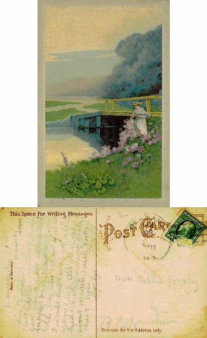 Woman on bridge collecting flowers