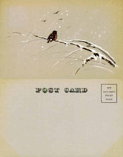 Winter Scene with Bird on Snowy Branch