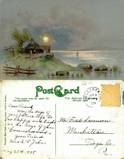 Cottage by Lake with Moonlight Scene