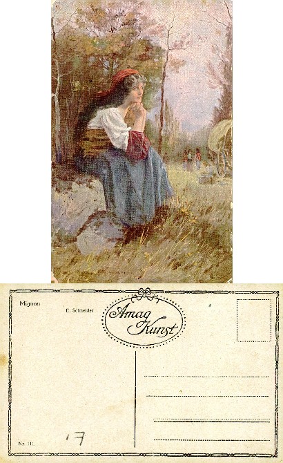 Mignon - Woman sitting by tree, wagon & people