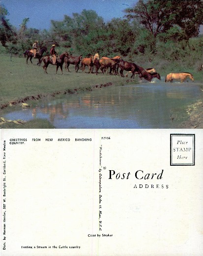 Riders herding horses across a stream