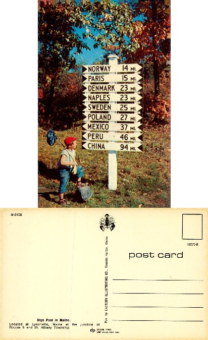 Sign Post to World Towns in Maine with Boy