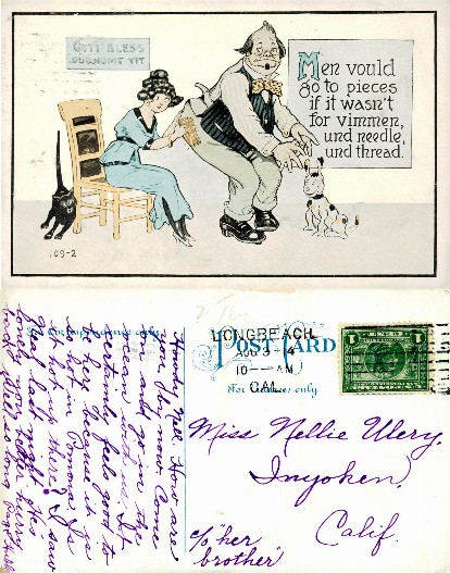 Woman Patching Man's Pants, Humor