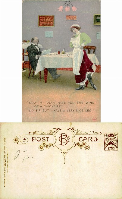 Humorous restaurant scene with man and waitress