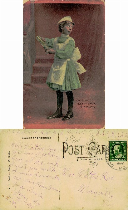 Child in Apron Holding Castor Oil Bottle