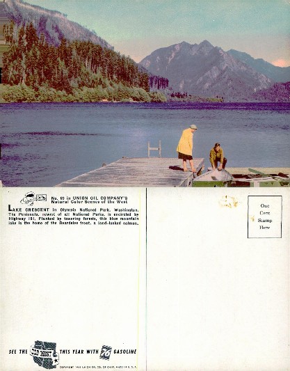 Mountain Lake, Pier, People, and Rowboat