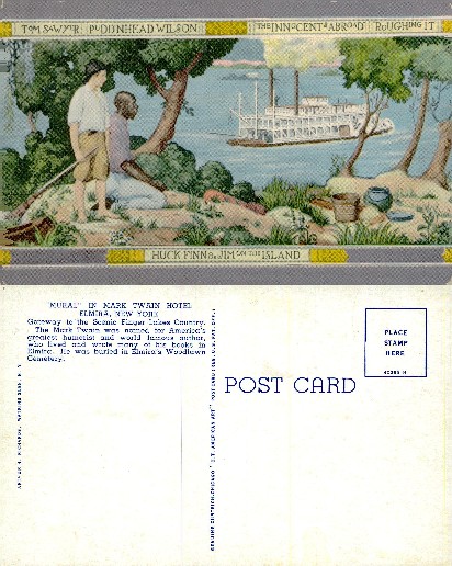 Huck Finn & Jim on Island with Steamboat