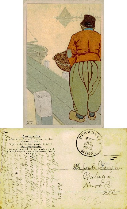 Man on dock with basket looking at boats
