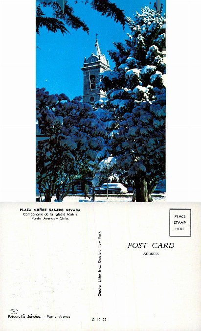 Snowy Bell Tower in Punta Arenas Plaza