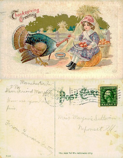 Girl Feeding Turkey Thanksgiving Scene