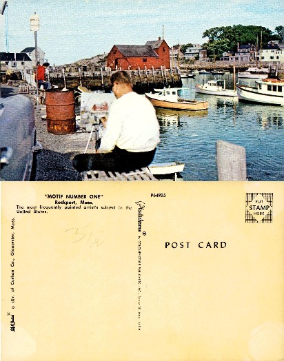 Artist Painting Harbor Scene with Red Shack