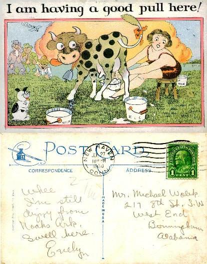 Humorous Cartoon: Woman Milking Cow