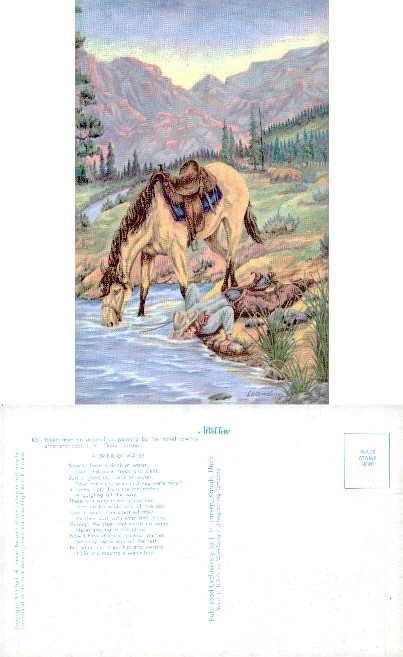 Cowboy and horse drinking from stream