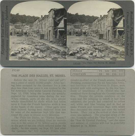 War-damaged French town square