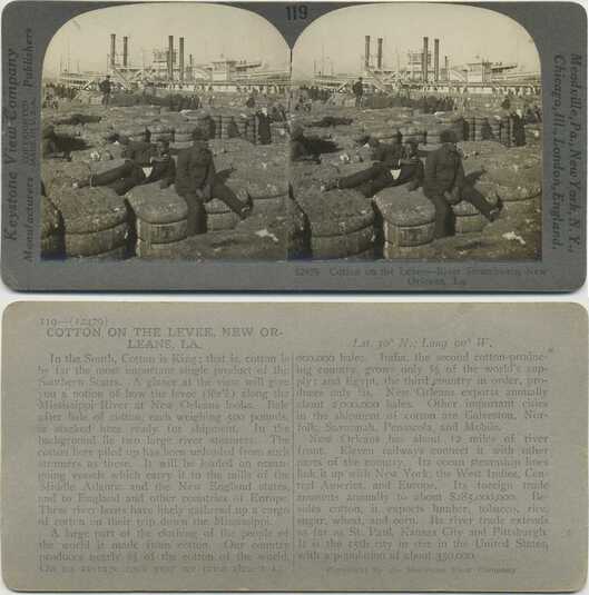 Cotton Bales on Levee with Steamboats