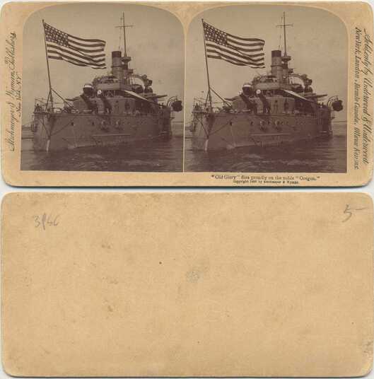 Battleship USS Oregon with US Flag