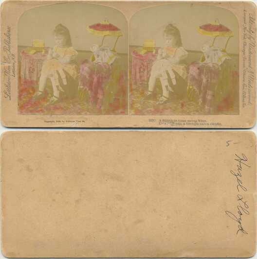 Girl Sewing with Doll and Parasol